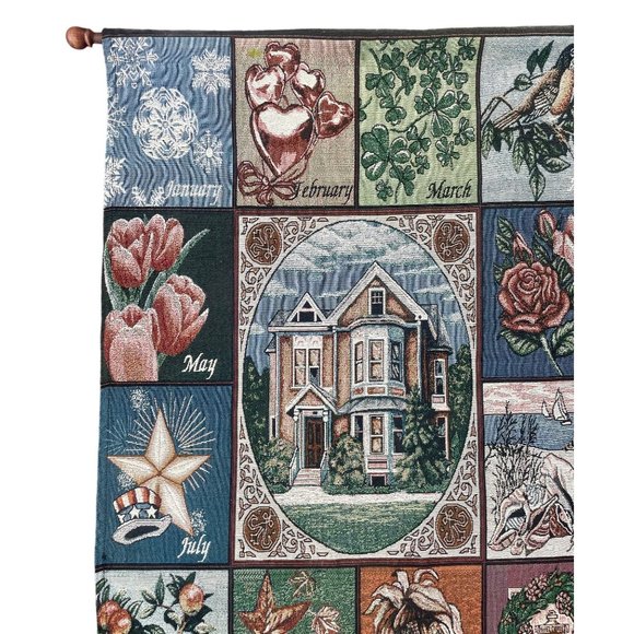 Vintage Woven Tapestry of Seasons Months of the Year & Holidays with Hanging woo - Picture 3 of 10